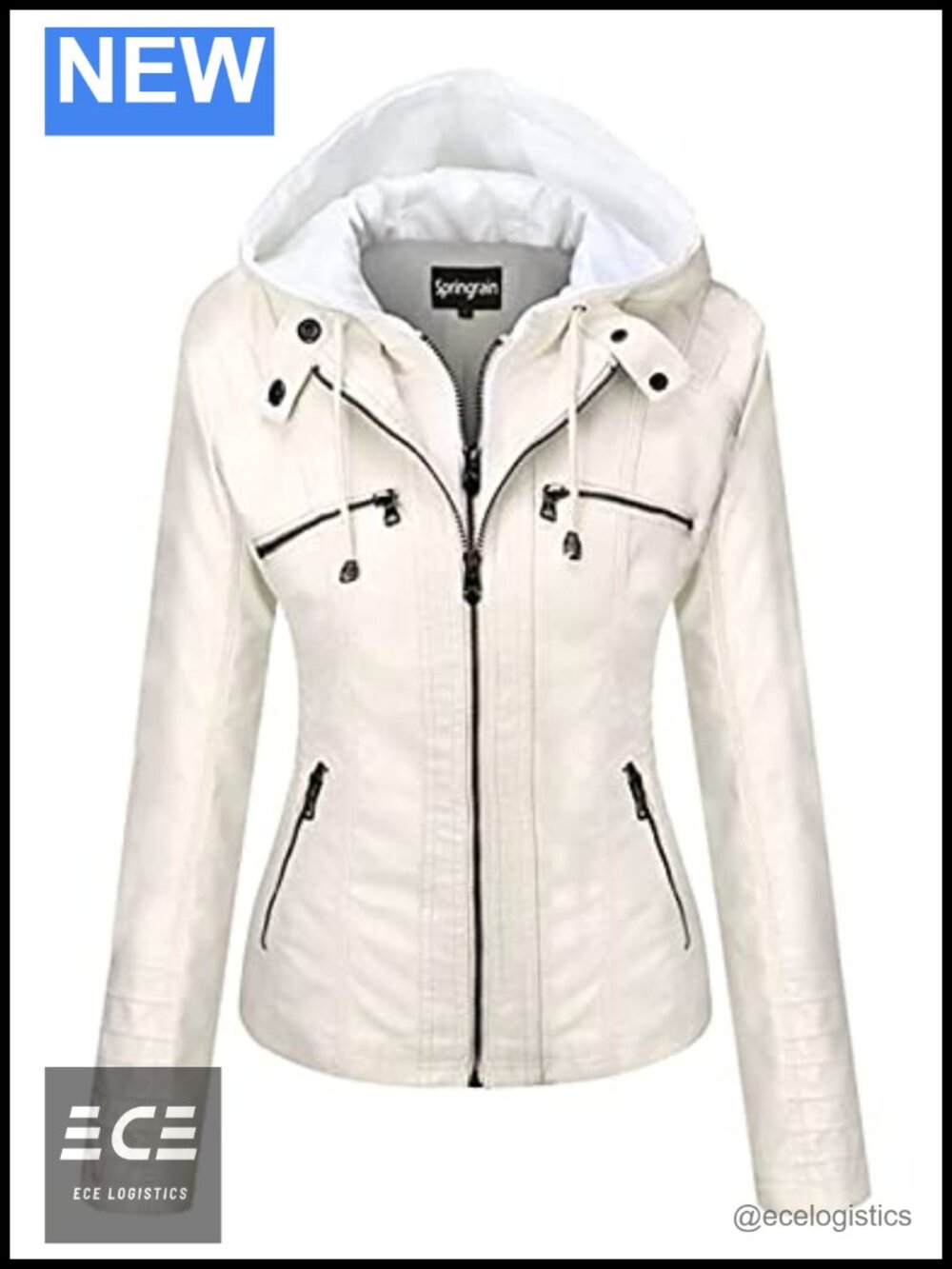 Faux Leather Moto Biker Jacket Removable Knit Hood Zipper Pockets Slim Fit